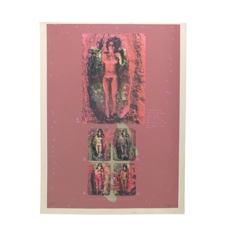 Colette Justine Lithograph "Pink Kool Aid" '72: Colette Justine Lithograph "Pink Kool Aid". Pencil signed, dated '72 and numbered 23/200. Unframed. Full sheet measures 29-3/4" x 22". Condition: Light soling from storage or in good condition. Estima
