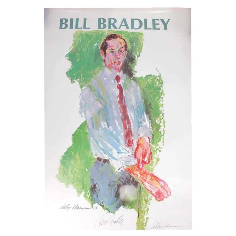 Leroy Neiman "Bill Bradley" Poster, Signed: Leroy Neiman (American,, 1921-2012) "Bill Bradley For Senate 1978" Poster. Signed by both the artist and Bradley. Measures 28" x 40" Condition: Toning or in good condition. Estimate 50 - 150 Domestic 