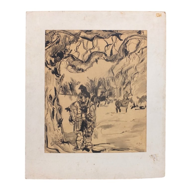 J. Pucci Mid Century Ink Drawing "Man with Birds": J. Pucci (20th C) Mid Century Ink Drawing "Man with Birds". Signed and dated '71 lower right. Affixed to cardboard and set in mat frame. Measures 22" x 18" overall. Condition: Toning, soling to mat.