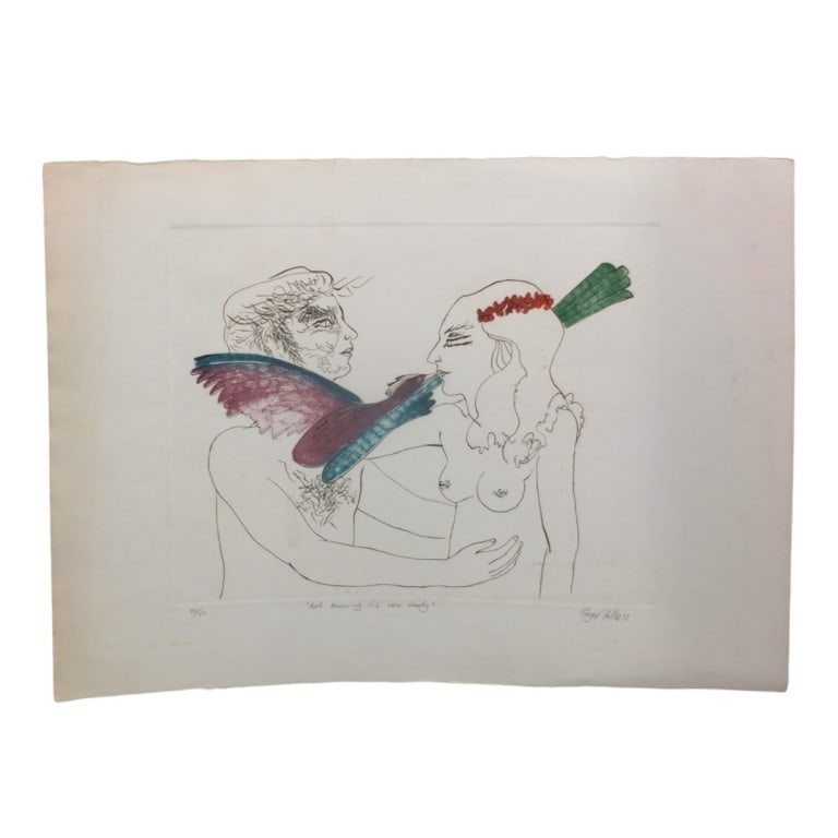 JG Salles Engraving "Not Knowing It's Own Beauty": Jose Guyer Salles (Brazilian, 20th C) Engraving "Not Knowing It's Own Beauty". Signed, dated '73, numbered 20/50. Exhibition label verso: British International Print Biennale. Unframed. Full sheet