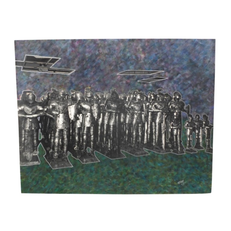 Vintage Mixed Media "Armored Soldiers" '94: Vintage Mixed Media "Armored Soldiers" Hand painted and highlighted digital photograph. Signed NTN '94 lower right. Unframed. Measures 16" x 20" Condition: Good condition. Estimate 20 - 40 Domestic