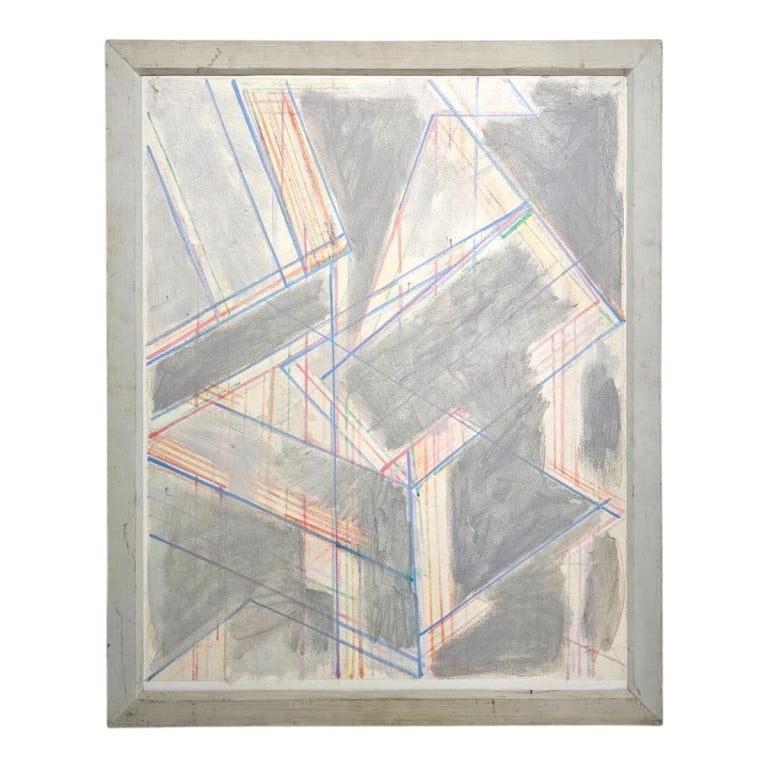 David Rubello Acrylic/Canvas "Linear Changes #5": David Rubello (American, b. 1935 -) Acrylic on Canvas "Linear Changes #5". Signed and dated '78, artist's label verso, Measures 30" x 24", frame 32-1/4" x 26-1/4". Condition: Soiling from storage or
