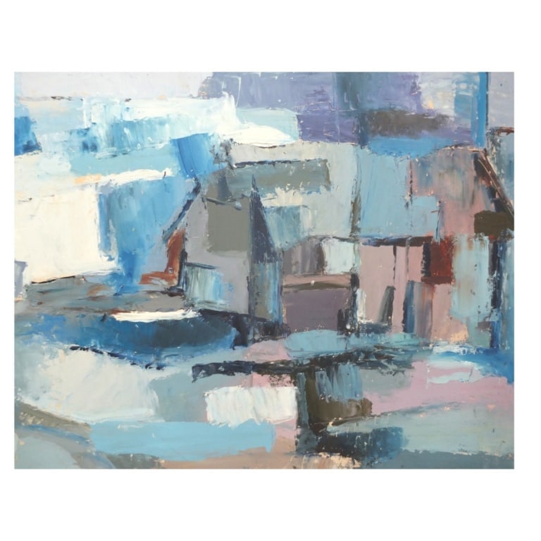 Dick L Tchiu Mid Century Oil/Board "Blue Houses": Dick L Tchiu (Vietnamese 20th C) Mid Century Oil on Board "Abstract of Blue Houses". Signed lower right and dated '62 lower right. Vietnamese Gallery Label affixed to verso. Measures 21-1/2" x 24-1/2"