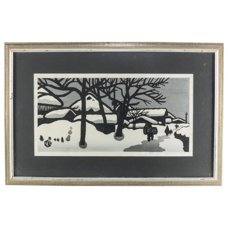 Gihachiro Okuyama, Japanese (20th C.): Gihachiro Okuyama, Japanese (20th Century) Woodblock Print on Paper "Village During the Winter" Signed Lower Right. Sight measures 9-1/2" x 18-1/2". Frame measures 17" x 26". Condition: Good