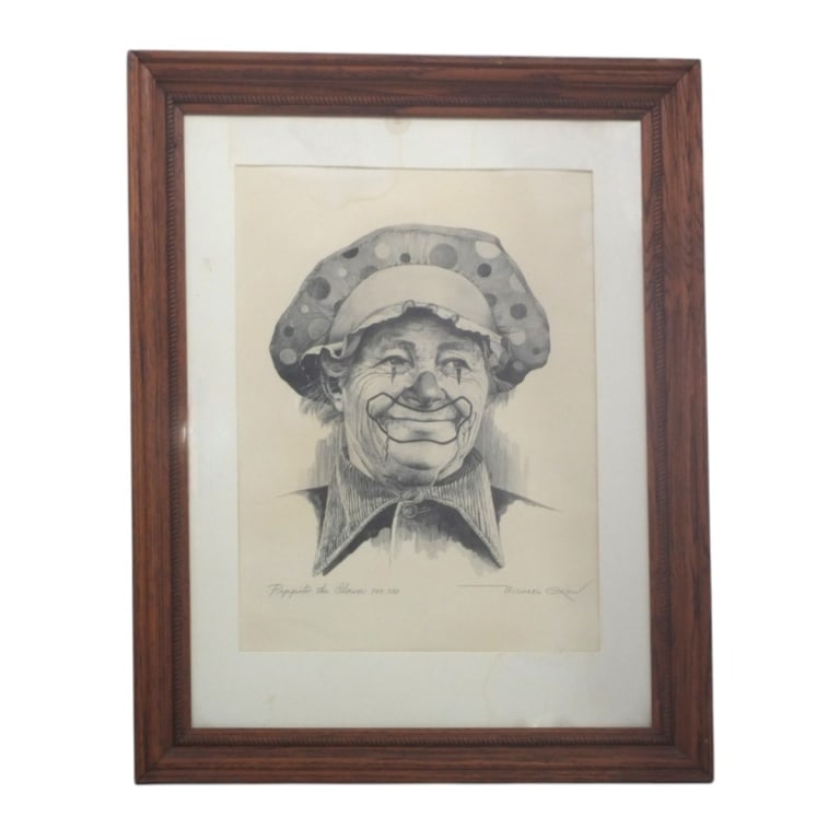 Michael Grow Offset Lithograph, Peppito The Clown: Michael Grow Offset Lithograph, "Peppito The Clown". Pencil signed and numbered 144/200. Framed under glass. Measures 18-1/2" x 13-3/4", frame 28" x 22". Condition: Some staining on both the print