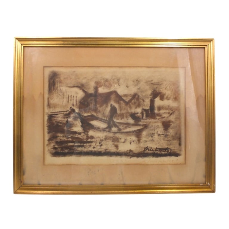 Felipe de la Fuente Signed Lithograph Harbor Scene: Felipe de la Fuente (Argentine, 1912-2000) Lithograph "Harbor Scene" Signed in print and Inscribed in lower margin (faded), dated 26/4/80. Framed and under glass screen. Measures 11" x 16-1/4" (sight)