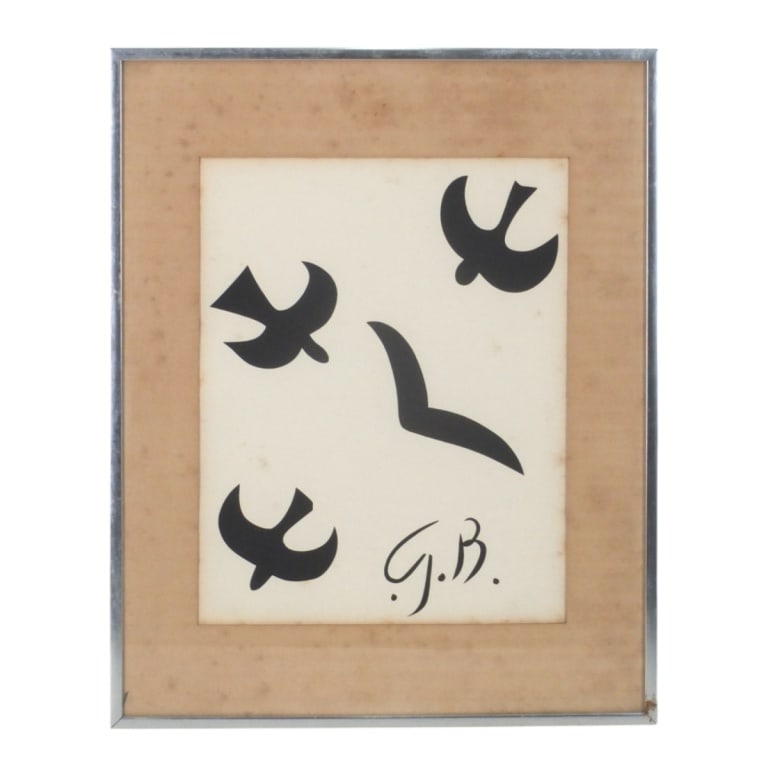 After: Georges Braque, French (1882 - 1963): Georges Braque, French (1882 - 1963) Lithograph on Paper "Four Birds" Marked in the Plate. Museum label attached en verso. Sight 14" x 11". Frame 20-1/4" x 16-1/4". Condition: Foxing and toning to the