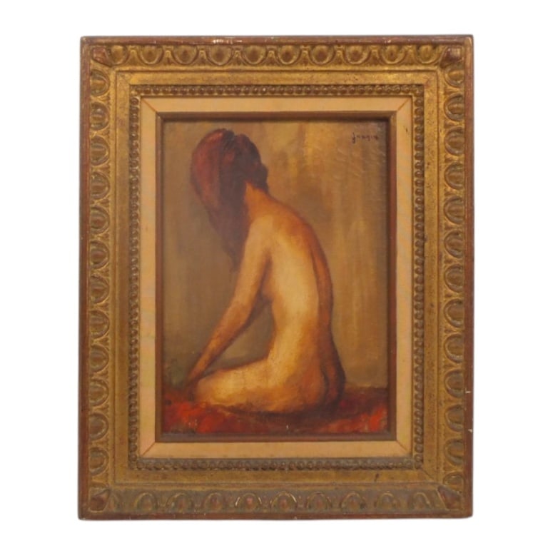 Daniel Jaugey Oil on Canvas "Nude": Daniel Jaugey, (French b. 1929) Oil on Canvas "Nu". Signed upper right, inscribed on stretcher with title and date '68. Measures 13" x 9-1/2", frame measures 19" x 15-1/2". Condition: Craquelure or
