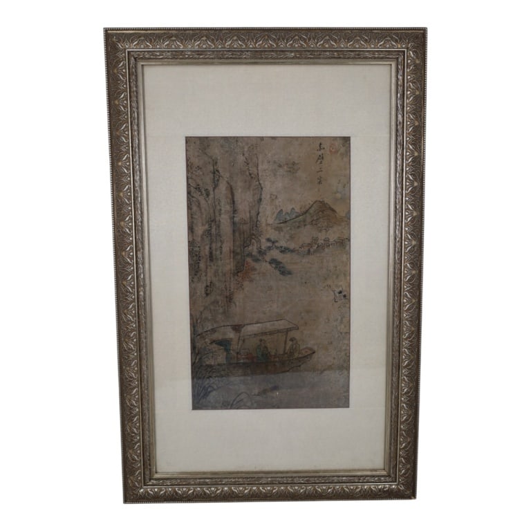 Vintage Chinese Mountain Water Landscape Painting: Vintage Chinese Watercolor "Mountain Water (shan sui) Landscape Scroll Painting. Stamped. Framed under glass. Measures 19" x 11" (sight), frame 33-1/2" x 21-3/4". Condition: Good condition. Estimate 5