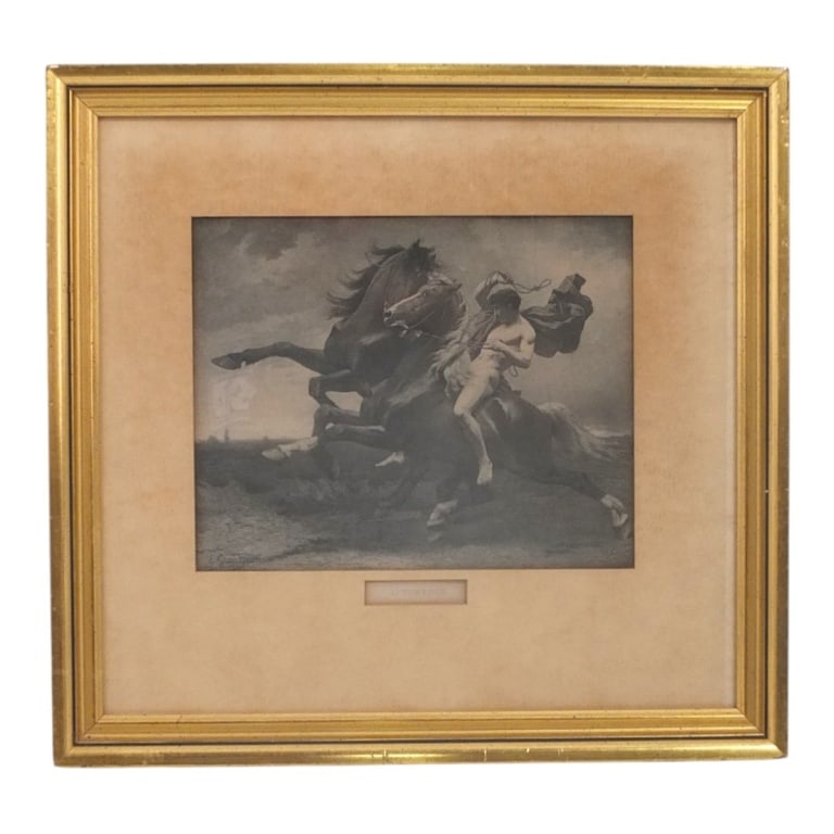 Edmond Grandjean Antique Etching "Automedon": Edmond Grandjean Antique Etching "Automedon" Signed and dated 1881 in print. Framed under glass. Measures 7" x 8-3/4" (sight), frame 14" x 14-3/4". Condition: Toning or in good condition. Estimate 50 