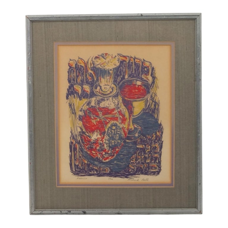 Richard Bell Vintage Judaica Lithograph "Kiddush": Richard Bell (20th C) Vintage Judaica Lithograph "Kiddush" \. Pencil signed, titled and numbered 1/36. Framed under glass. Measures 10-1/4" x 8-1/4" (sight), frame 15" x 13". Condition: Toning consist