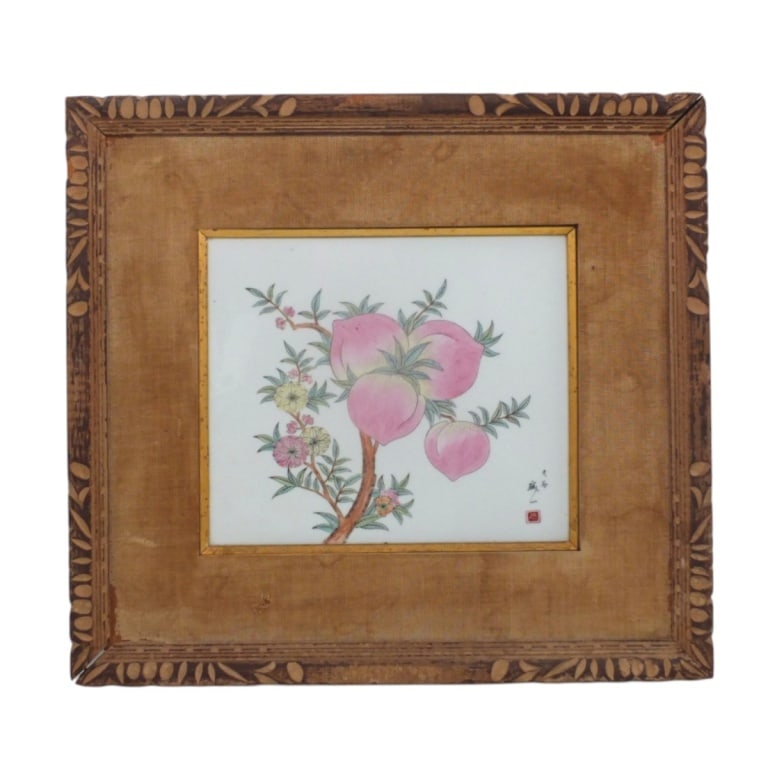 Chinese Famille Rose Porcelain Plaque "Peaches": Chinese Famille Rose Porcelain Plaque "Peaches". Signed lower right. Measures 9-1/2" x 11" (sight). Frame measures 17-3/4" x 19-1/4". Condition: Good condition. Estimate 50 - 150 Domestic shipping
