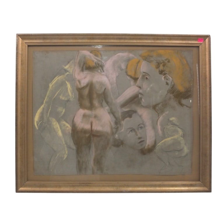Vintage Pencil & Pastel on Paper Figurative Study: Vintage Pencil & Pastel on Paper "Figurative Study". Unsigned. Blindstamp top left corner. Framed and under glass. Measures 17-1/2" x 22", frame 22" x 27-1/4". Condition: Tack holes to paper, This pie