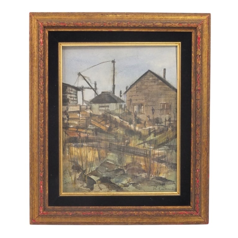 Vintage Watercolor on Paper "Industrial Landscape": P. Rosamilia (20th C) Vintage Watercolor on paper "Industrial Landscape". Signed lower right. Framed under glass. Measures 10" x 8", frame 13-3/4" x 11-3/4". Condition: Good condition. Estimate 50 - 1