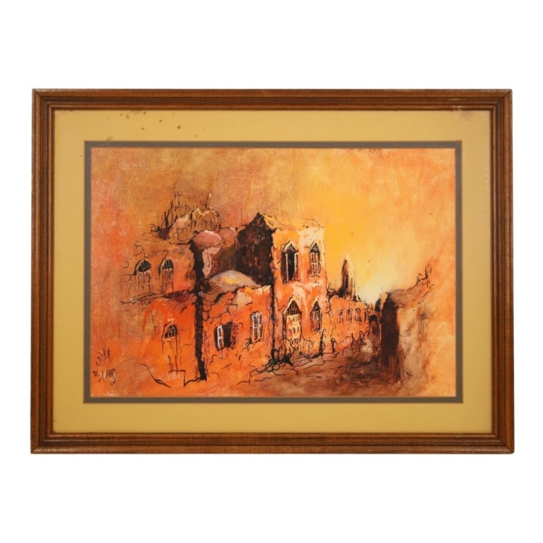 Ari Arad Mixed Media/Paper Sun-drenched Village 72: Ari Arad (French-Israeli, b. 1929) Mixed Media on Paper "Sun-drenched Village". Signed and dated '72 lower left. Framed under glass. Measures 12-3/4" x 18-3/4", frame 18-3/4" x 24-3/4". Condition: Som
