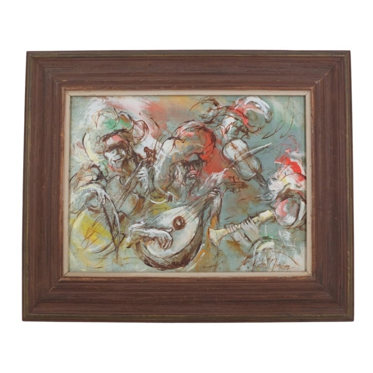 Mitchell Gordon Mid Century Oil/Board "Musicians": Mitchell Gordon (20th C) Postwar Contemporary Oil on canvas-board "Musicians". Signed lower right. Measures 12" x 16", frame 16" x 22". Condition: Good condition. Estimate 50 - 150 Domestic shipping T