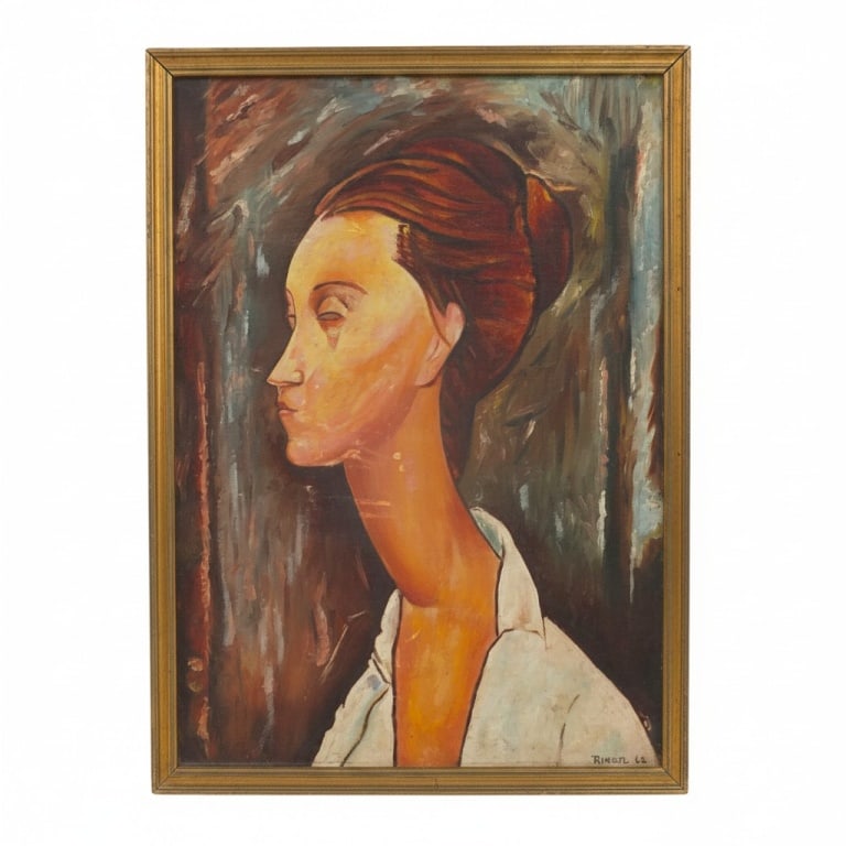 After Modigliani, MCM O/B "Lady Czechowska": After Modigliani, Mid Century Oil on Canvas Board "Portrait of Lady Czechowska". Signed Ringel '62 lower right. Measures 13-1/2" x 9-3/4"(sight), frame 14-1/2" x 10-3/4". Condition: Some scuffs from s