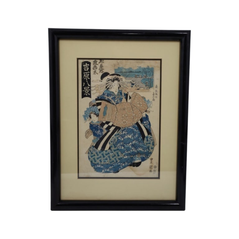 Japanese Utagawa School ukiyo-e Woodblock Print: Japanese Utagawa School ukiyo-e Woodblock Print "Geisha". Signed, stamped. Framed under glass. Measures 14-1/2" x 10", frame 22-1/4" x 17". Condition: Toning, stains, Estimate 80 - 240 Domestic shippi