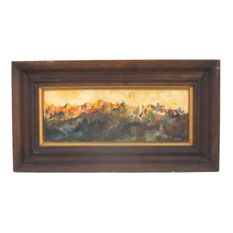 Mid Century Impressionistic Oil/Board "Landscape": Mid Century Impressionistic Oil on Board "Landscape with Yellow Sky". Signed lower right. Measures 4" x 11" (sight), frame 8-1/4" x 15-1/2". Condition: Good condition. Estimate 50 - 100 Domestic shipp
