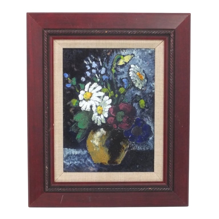 Mid Century Enamel on Copper Painting "Still Life": Mid Century Enamel on Copper Painting "Still Life". Unsigned. Measures 9-1/2" x 7", frame 14-1/4" x 12". Condition: Good condition. Estimate 40 - 60 Domestic shipping Third Party