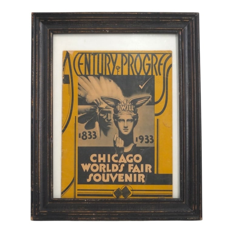 1933 Chicago World's Fair Souvenir Program: 1933 Chicago World's Fair (A Century of Progress) Souvenir Program. Designed by Al Martin. Framed under glass. Frame measures 16" x 13" Condition: Typical wear and toning consistent with age and use. 