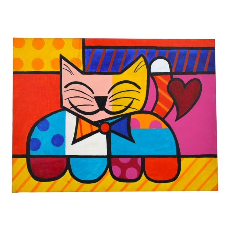 After Britto Oil on Canvas "Happy Cat": After Britto Oil on Canvas "Happy Cat". Signed verso Elaine Gilbert 2/2004. Unframed. Measures 18" x 24". Condition: Light soiling from storage and handling. Overall good. Estimate 50 - 100 Domestic s