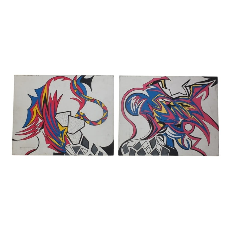 Vintage POP ART Oil on Canvas "Graffiti Diptych": Vintage POP ART 2 Piece Oil on Canvas "Graffiti Diptych". Unsigned. Unframed. Measures 20" x 16" each. Condition: Soiling from storage and handling. Estimate 50 - 150 Domestic shipping Third Party