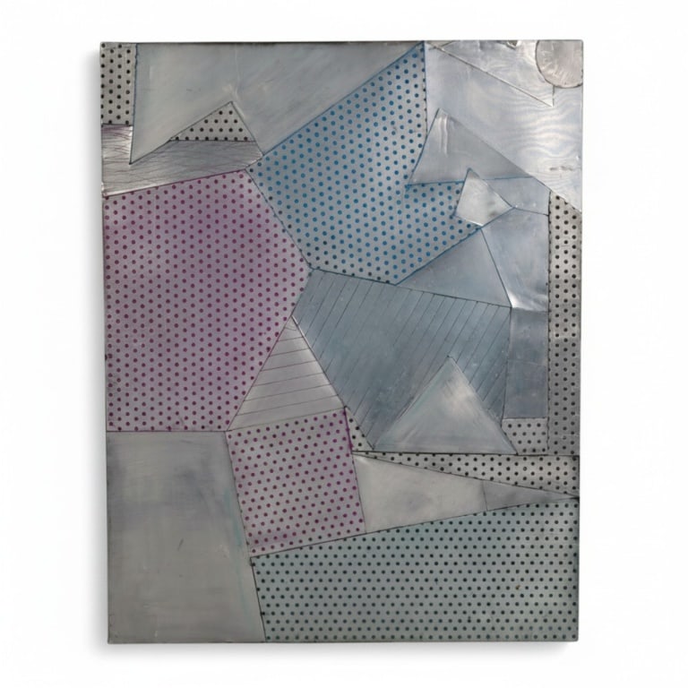 F. Malek Mixed Media "Geometric Abstract" '92: F. Malek (20th C) Mixed Media of enameled and scored metal "Geometric Abstract". Signed Malek '92 lower right, inscribed in marker verso. Measures 16" x 20". Condition: Some dings from storage and han