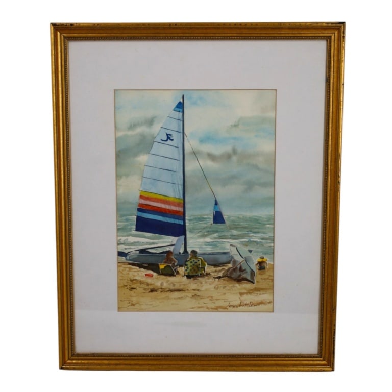 Jean Littler Watercolor "Sailboat on Beach": Jean Littler (20th C) Watercolor on Paper "Sailboat on Beach". Signed lower right. Framed under glass. Measures 14" x 9-3/4", frame 21-1/2" x 17-1/2". Condition: Good condition. Estimate 50 - 100 Dome
