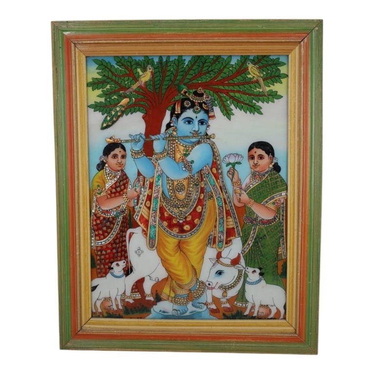 Traditional Indian Reverse Glass Painting, Krishna: Traditional Indian Reverse Glass Painting, "Lord Krishna Playing the Flute with Radha". Unsigned. Measures 24" x 18", frame 28-3/4" x 23". Condition: Good vintage condition. Estimate 50 - 150 Domestic