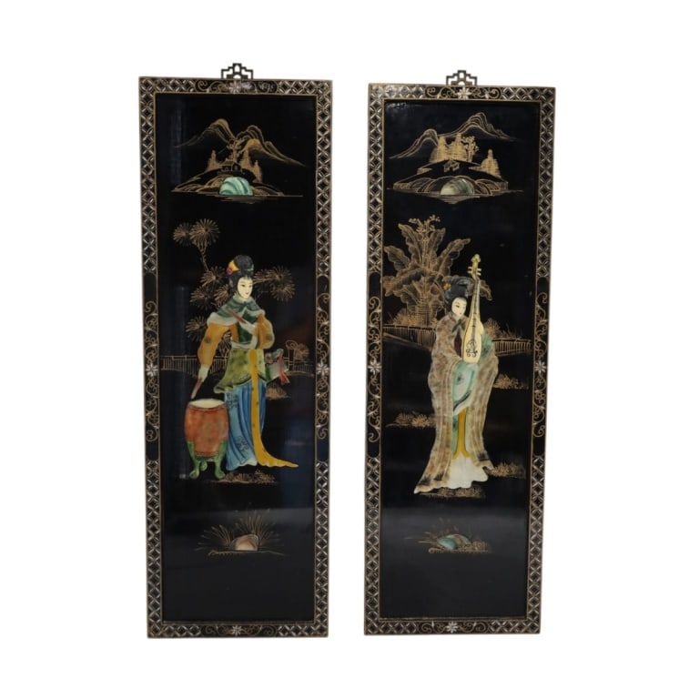 2 MId Century Japanese Black Lacquer Geisha Panels: Pair of MId Century Japanese Black Lacquer Decorative Geisha Panels. Hand painted and applied faux bone appliques. Unsigned. Measures 36" x 12". Condition: 1 with tiny loss to figure, some scuffs and 