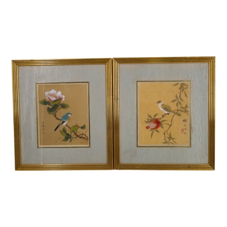 2 Japanese Mid Century W/C on Silk Birds & Flowers: 2 Japanese Mid Century Watercolors on Silk, Birds & Flowers. Each titled and stamped. Well framed under glass. Measures 8-1/4" x 10", frames 18" x 16". Condition: Good condition. Estimate 50 - 150 Dom