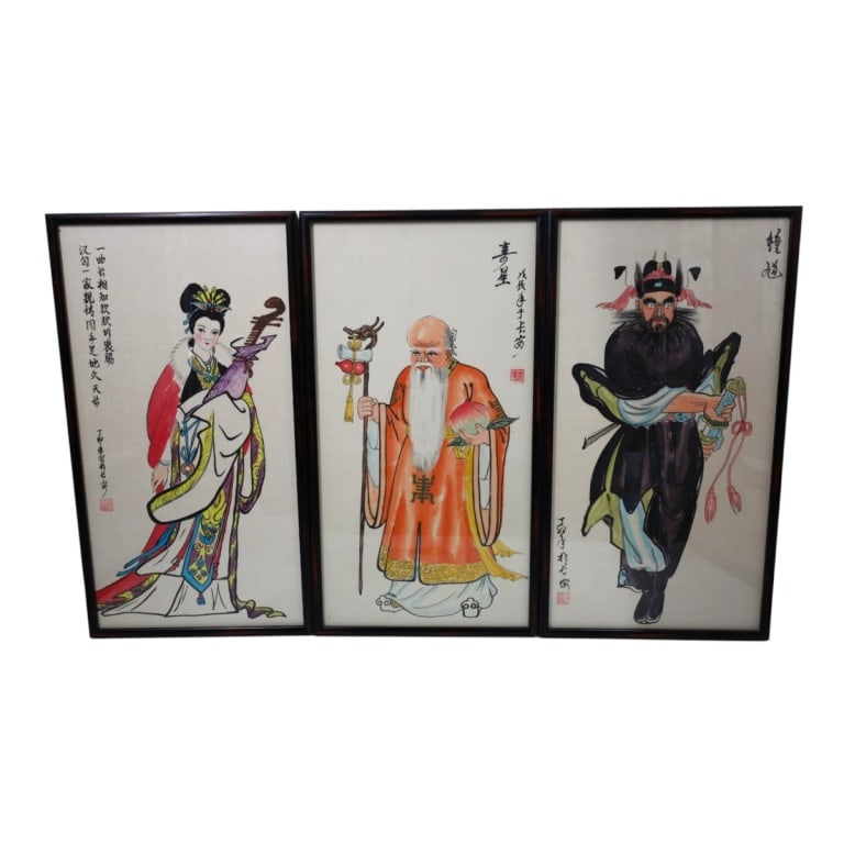 3 Chinese Ink & W/C Figural Scroll Paintings: 3 Vintage Chinese Ink & Watercolor Figural Scroll Paintings. Stamped. Framed under glass. Each measures 25-1/4" x 13-3/4" including frame. Condition: Good condition. Estimate 50 - 150 Domestic shippin