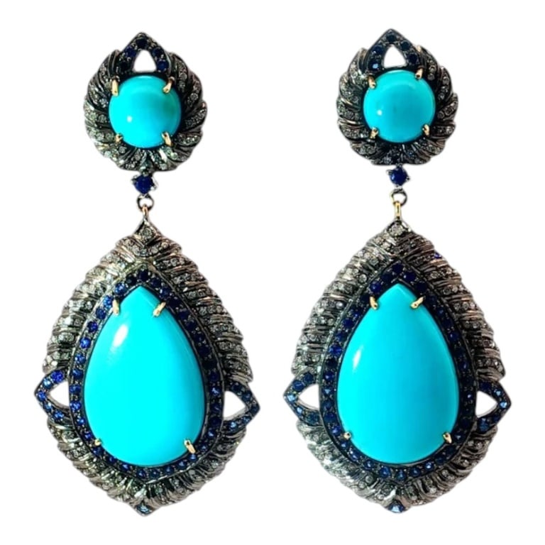 Pair of 14K, Diamond and Silver Turquoise Earrings (1 of 4)