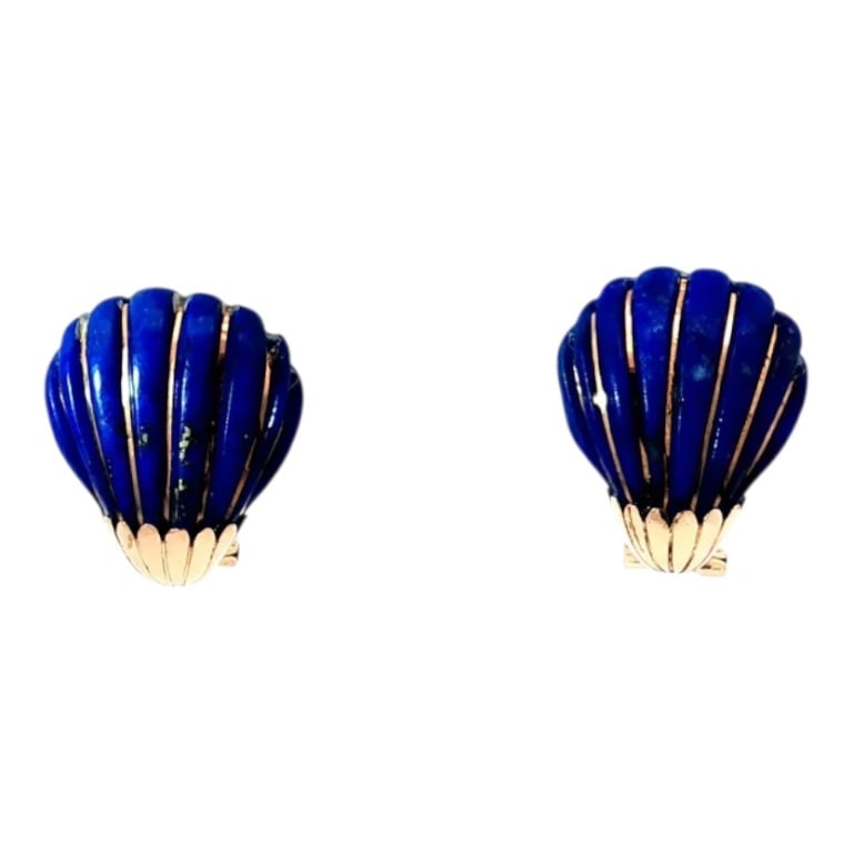 Pair of Vintage 14K & Lapis Earrings: Pair of Vintage 14 Karat Yellow Gold and Carved Lapis Shell Clip-On Earrings. Condition: Good condition. Estimate 700 - 900 Domestic shipping Third party