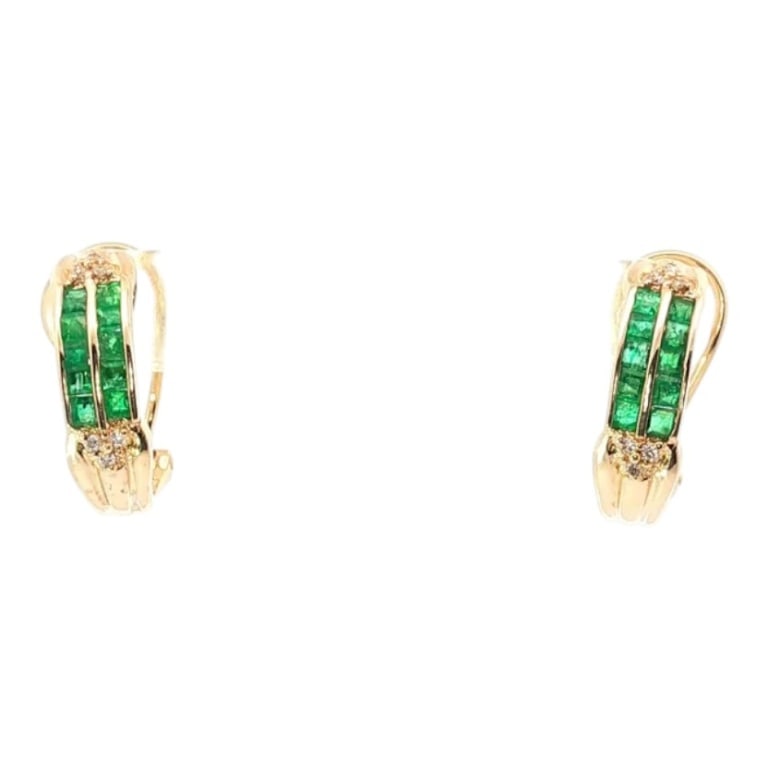 Pair of 14K, Emerald & Diamond Earrings: Pair of 14 Karat Yellow Gold, Emerald and Diamond Huggie Earrings. Approx. .75 carat princess cut emerald. Approx. .10 carat, G-color SI1 round diamond. Condition: Good condition. Estimate 800 - 1000 