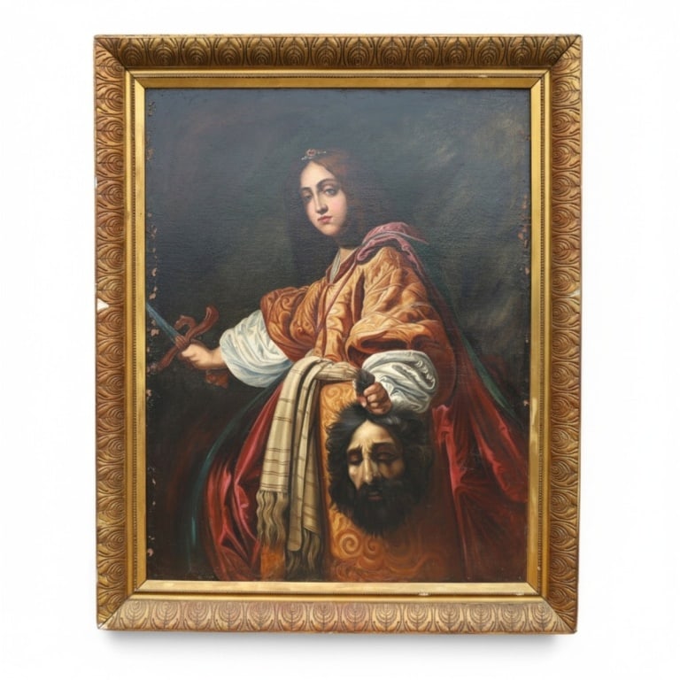After Allori: O/C Judith with of Head Holofernes: After Cristofano Allori (Italy 1577-1621) Large Antique Continental School Oil on Canvas "Judith with the Head of Holofernes" in gilt frame. Unsigned. Measures 55" x 43-1/2", frame 66" x 54-1/2".