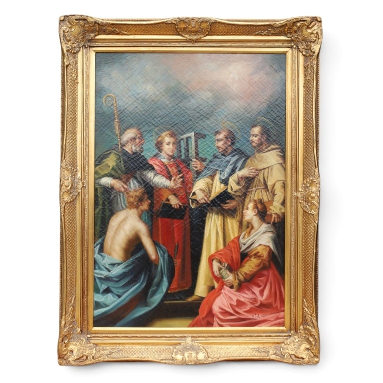 After del Sarto O/C The Disputation of the Trinity: After Andrea del Sarto (italian,1486-c.1530) Well done 19/20th C oil on canvas "The Disputation of the Trinity". In modern gilt frame. Signed lower right: A, Piola ???. Measures 39-3/4" x 27-1/2",