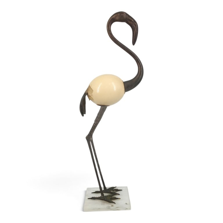 Redmile, Binazzi Style Ostrich Egg Flamingo Sculpt: Vintage Anthony Redmile/Gabriella Binazzi Style Ostrich Egg Flamingo Sculpture. Bronze & silver plate mountings on Lucite base. Unsigned. Measures 29-1/2" H x 11" D x 7" W. Condition: The tail has