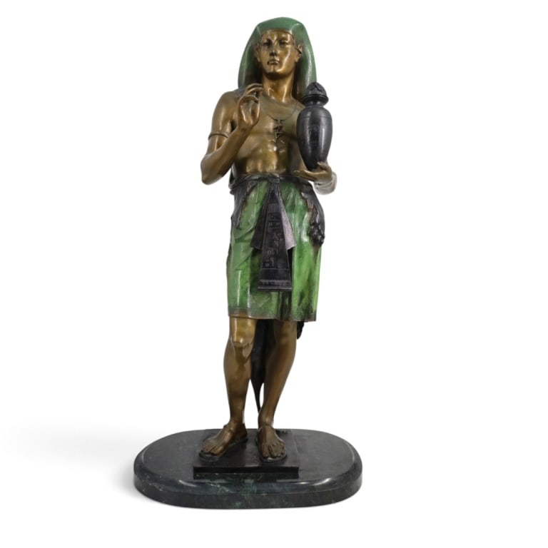 After Picault Bronze "Egyptian Boy Holding Vase": After Emile Picault (French, 1833-1915) Patinated bronze Egyptian Revival sculpture on marble base "Egyptian Boy Holding Vase". Signed Picault at base. Measures 29" H x 14" L x 8-1/2" D Condition: