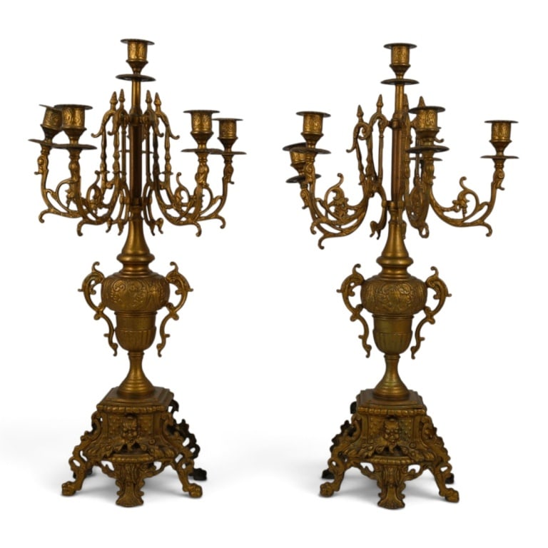 Pr Vintage French-Rococo Style Bronze Candelabra: Pair Vintage French-Rococo Style Gilt Bronze 5 Arm Candelabras. Unsigned. Measures 23-1/2" H x 11-1/2" Condition: Good vintage condition. Estimate 400 - 600 Domestic shipping Third Party