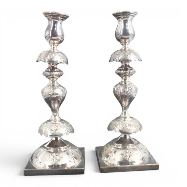 Pr Norblin Silver Plate Shabbat Candlesticks: Pair Antique Norblin Warszawa Polish Judaica Silver Plate Shabbat Candlesticks. Stamped. Measures 12" H. Condition: 1 with bend at top or in good condition. Estimate 100 - 200 Domestic shipping Third 
