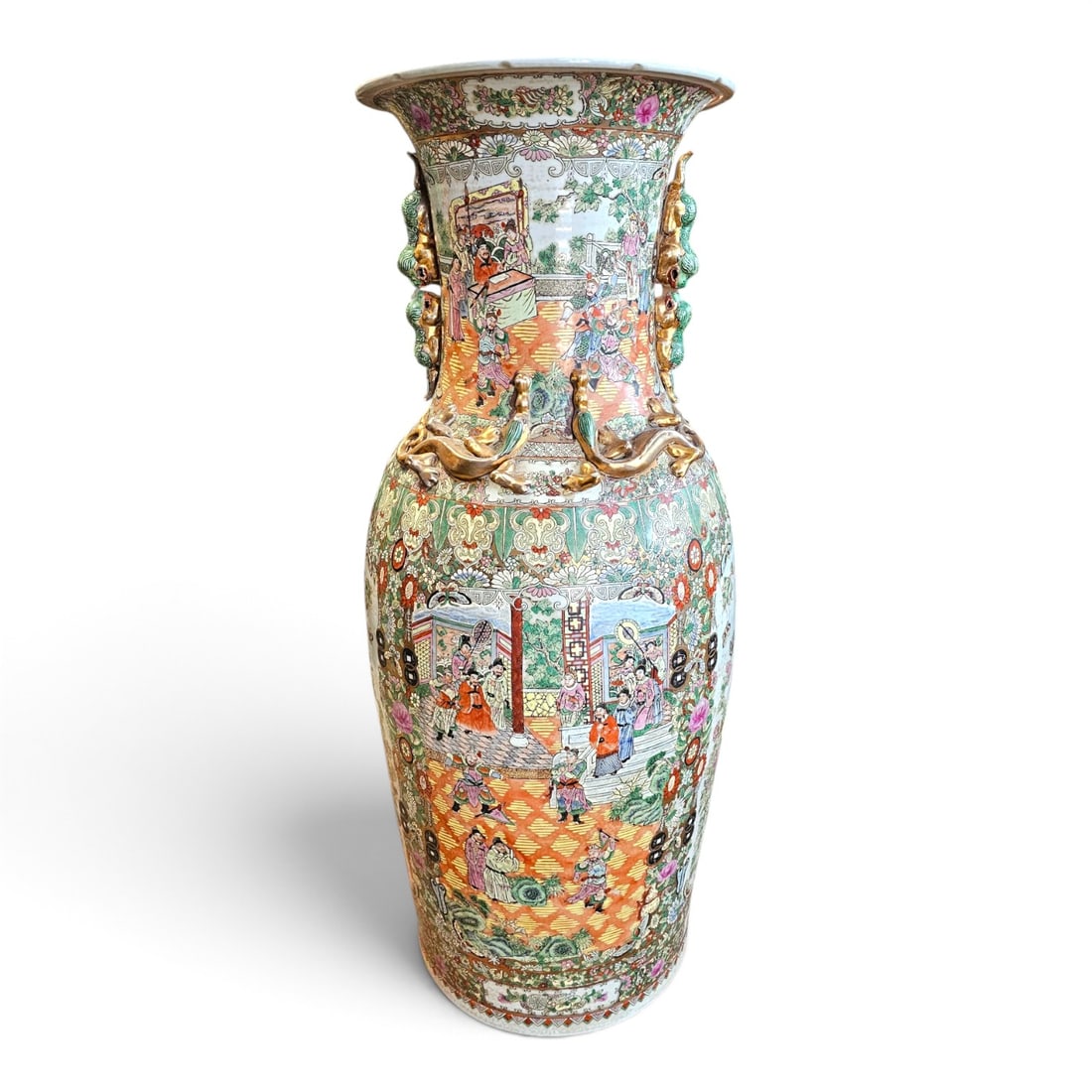 Palace Size Chinese Export Porcelain Vase: Palace Size Chinese Export Rose Mandarin Porcelain Vase with Foo Dog Handles. Signed. Measures 37-1/4" x 14-1/2". Condition: Good condition. Estimate 400 - 600 Domestic shipping Third party