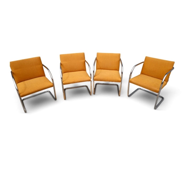 Attrib: Mies Van Der Rohe Tubular Chairs: Set of Four Mid Century Upholstered and Chrome Tubular Chairs Attributed To: Mies Van Der Rohe. Measures 31" H x 22" W x 18" D. Condition: All in good condition. Estimate 300 - 600 Domestic shipping T