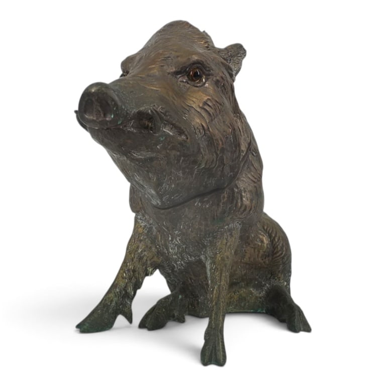 Franco Lapni Wild Boar Silver Plate Wine Cooler: Franco Lapini (Italian, 1936-2017) Wild Boar hinged head silver plate wine or champagne cooler circa 1970. Original insert, glass eyes. Signed Franco Lapini Made In Italy, remnants of original retail