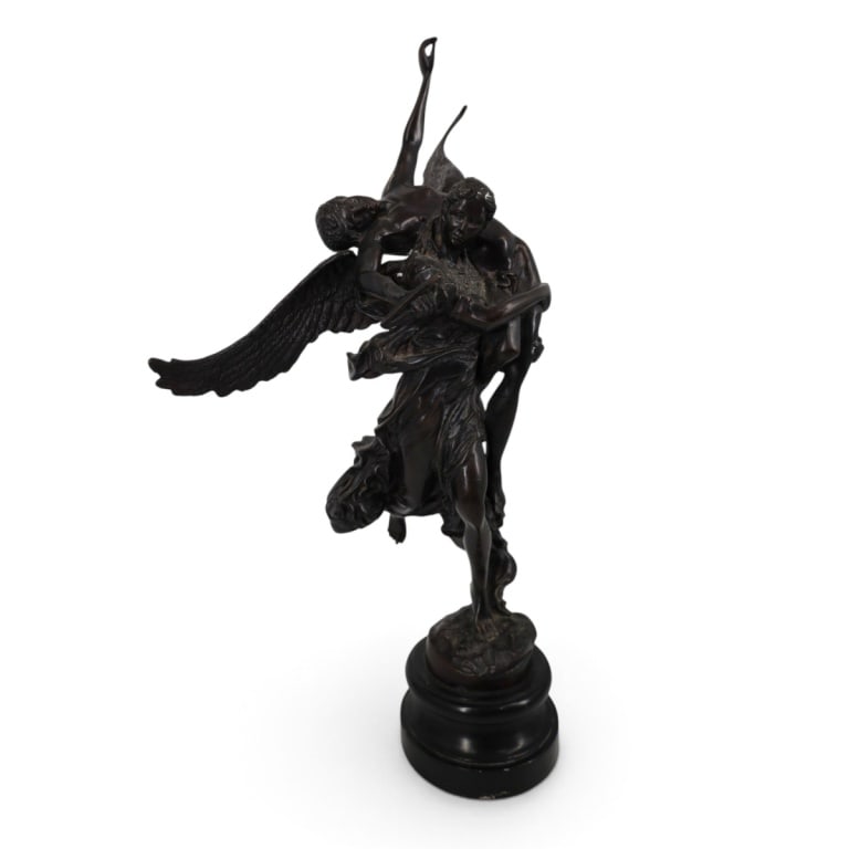 After Antonin Mercie Bronze "Gloria Victis": After Antonin Mercie (French, 1845-1916) Vintage Patinated Bronze Sculpture "Gloria Victis" on wood base. Unsigned. Measures approx. 24" H x 10" x 17". Condition: Small bit of oxidation and wear to