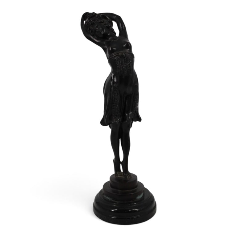 Art Nouveau-style Bronze Sculpture "Dancer": Vintage Art Nouveau-style Patinated Bronze Sculpture "Dancer" on black marble base. Unsigned. Measures 18" H x 6". Condition: Some oxidation at base or in good condition consistent with age and