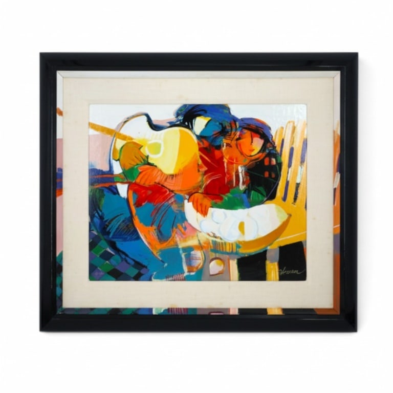 Hessam Abrishami Giclee, "Figures with Guitar": Hessam Abrishami (b. 1951) Giclee "Figures with Guitar". Signed lower right. Measures 15-1/2" x 19-1/2" (sight), frame 24-1/2" x 28-1/2". Condition: Good condition. Estimate 300 - 500 Domestic