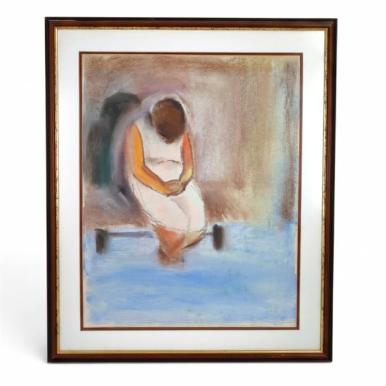 Post Modern Pastel on Paper "Seated Woman": Post Modern Pastel on Paper "Seated Woman". Signed Duque Ovalle '87. Framed under glass. Measures 23-1/2" x 17-1/2" (sight), frame 30" x 24". Condition: Good condition. Estimate 100 - 300 Domestic