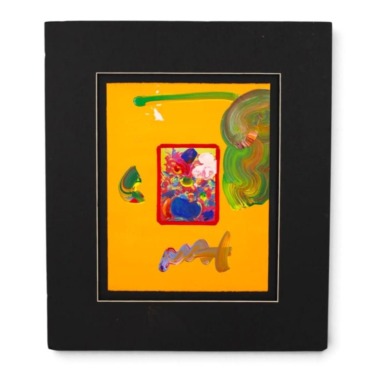 Attrib: Peter Max (Born 1937): Attributed To: Peter Max, German (Born 1937) Mixed Media and Acrylic on Paper "Big Red Flowers" Signed Lower Center. Presented on matted surface. Marked and dated 2009 on the reverse side. Sight measu